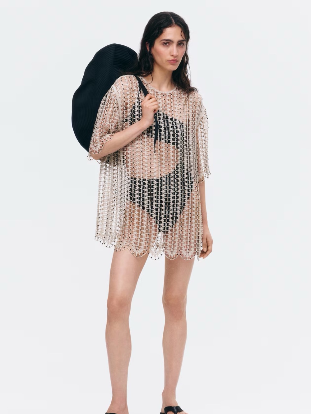H&M Beige Crochet Sheer Swim Cover-Up with Black Swimsuit Accent